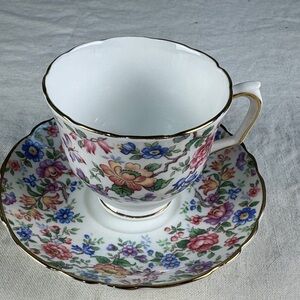 Crown Staffordshire Springtime Pattern Floral Bone China Teacup and Saucer Set